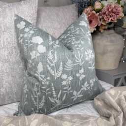 Fiorella Duck Egg Sage Cushion Cover John Lewis Floral Fabric Modern Sofa Bed Pillow Case Handmade in UK Soft Green Botanical Design - thumbnail 1