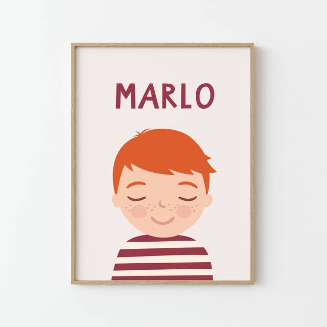 Personalized Portrait Boy With Red Hair - Bordeaux Beige Illustration Poster For Kids Wall Decor Children's Room - image 1