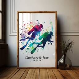 Couples Scuba Diving Print - Personalised Watercolour Poster Prints For Her - Gifts Wedding Gift Wall Art Custom Artwork Anniversary - thumbnail 1