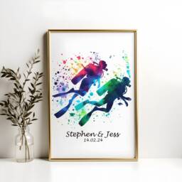 Couples Scuba Diving Print - Personalised Watercolour Poster Prints For Her - Gifts Wedding Gift Wall Art Custom Artwork Anniversary - thumbnail 2