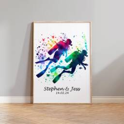 Couples Scuba Diving Print - Personalised Watercolour Poster Prints For Her - Gifts Wedding Gift Wall Art Custom Artwork Anniversary - thumbnail 3