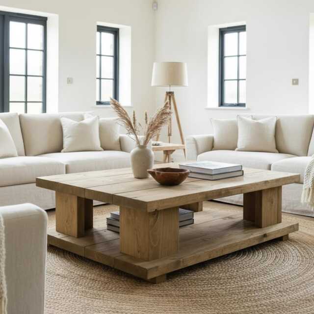 Handmade Chunky Country Oak Coffee Table With Shelf - image 1