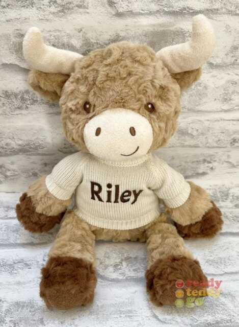 Personalised Keel Eco Recycled Baby Highland Cow Teddy Bear 10 Inch 26cm Knitted Jumper Embroidered With A Name/Text Newborn Boy Girl Gift - image 1