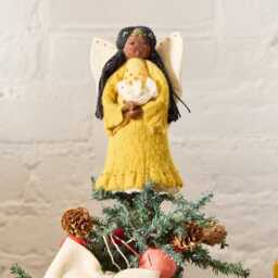 Small Golden Peace Dove Angel Tree Topper, Hand Felted Yellow Christmas Spirit, Handmade Whimsical Woodland Decor - thumbnail 2
