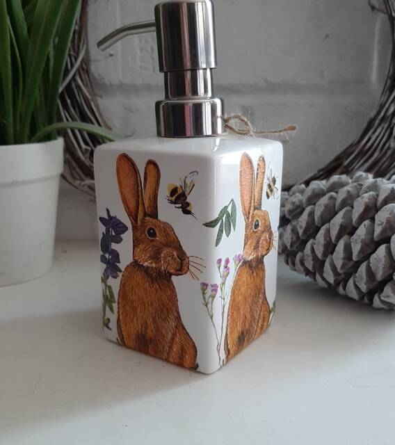 Beautiful Hare & Bee Decoupaged Ceramic Soap Dispenser.brush Holder. Available in Two Shapes - image 1
