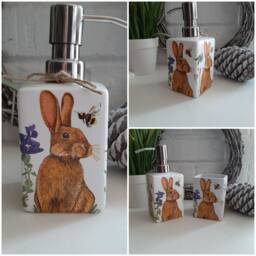 Beautiful Hare & Bee Decoupaged Ceramic Soap Dispenser.brush Holder. Available in Two Shapes - thumbnail 2