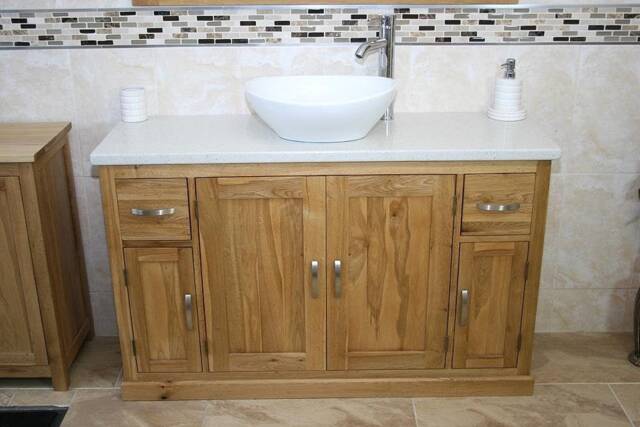Oak Bathroom Vanity Unit 123cm Wide With White Quartz Top & Ceramic Basin Set 402Wqcbcx1 - image 1