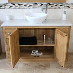 Oak Bathroom Vanity Unit 123cm Wide With White Quartz Top & Ceramic Basin Set 402Wqcbcx1 - thumbnail 3