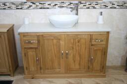 Oak Bathroom Vanity Unit 123cm Wide With White Quartz Top & Ceramic Basin Set 402Wqcbcx1