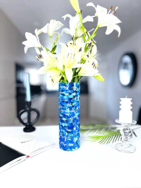 Abstract Blue & Gold Glass Vase For Flowers Hand-Painted Home Decor - image 1