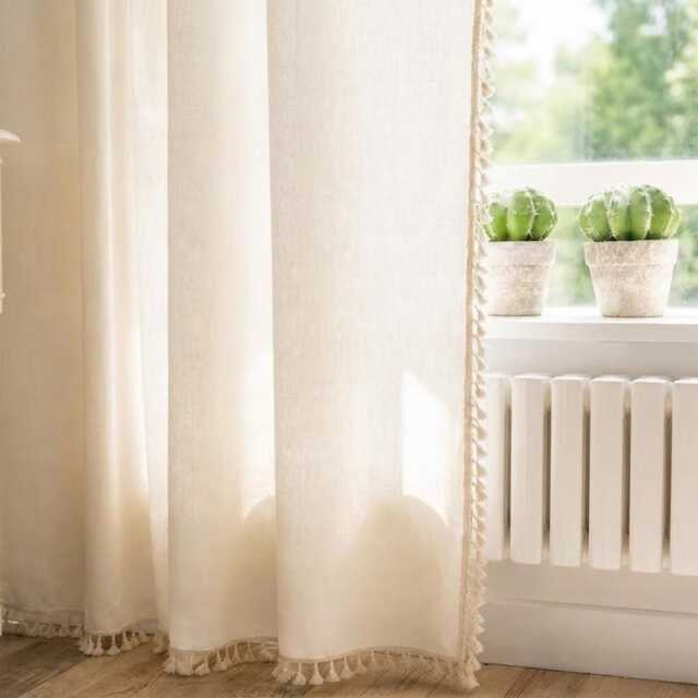 Minimalist White Curtains With Tassels, Semi-Blackout Rod Pocket Window Drapes, Custom Size - image 1