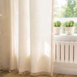 Minimalist White Curtains With Tassels, Semi-Blackout Rod Pocket Window Drapes, Custom Size
