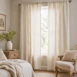 Minimalist White Curtains With Tassels, Semi-Blackout Rod Pocket Window Drapes, Custom Size - thumbnail 2