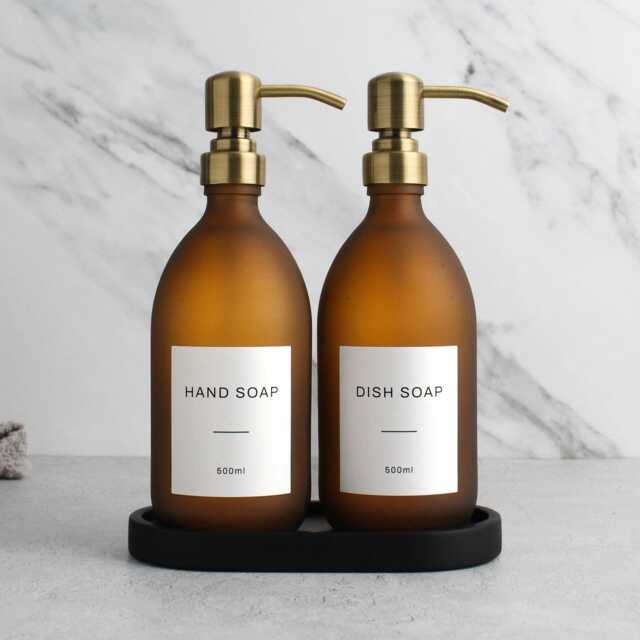 Black Tray & Frosted Amber Dispenser Set - Labelled Refillable Bottle With Gold Pump & Label - For Shampoo, Hand Soap, Cream, Body Wash - image 1