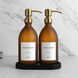 Black Tray & Frosted Amber Dispenser Set - Labelled Refillable Bottle With Gold Pump & Label - For Shampoo, Hand Soap, Cream, Body Wash - thumbnail 1