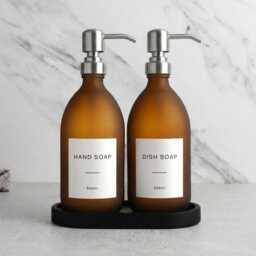 Black Tray & Frosted Amber Dispenser Set - Labelled Refillable Bottle With Gold Pump & Label - For Shampoo, Hand Soap, Cream, Body Wash - thumbnail 3