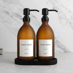 Black Tray & Frosted Amber Dispenser Set - Labelled Refillable Bottle With Gold Pump & Label - For Shampoo, Hand Soap, Cream, Body Wash - thumbnail 2