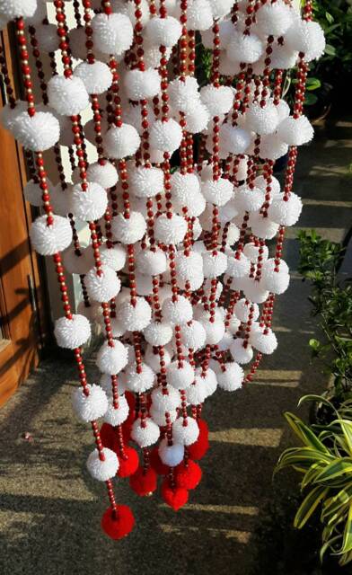 Red & White Pom Beaded Curtain Diwali Christmas Garland - Set Of 8 - image 1