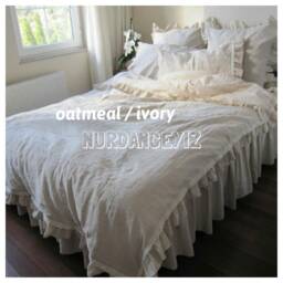 Ruffled Linen Duvet Cover Set - Oatmeal Ivory White, Turkish Farmhouse Bedding - thumbnail 3
