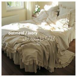 Ruffled Linen Duvet Cover Set - Oatmeal Ivory White, Turkish Farmhouse Bedding - thumbnail 2