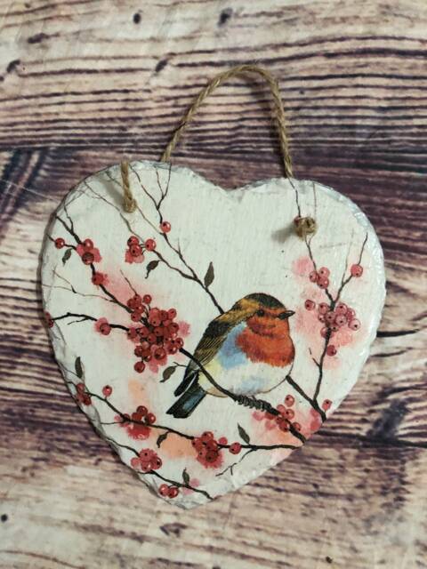 Robin Slate Heart Plaque, & Berries Wall Hanging Picture, Gift For Her, Signs, Art