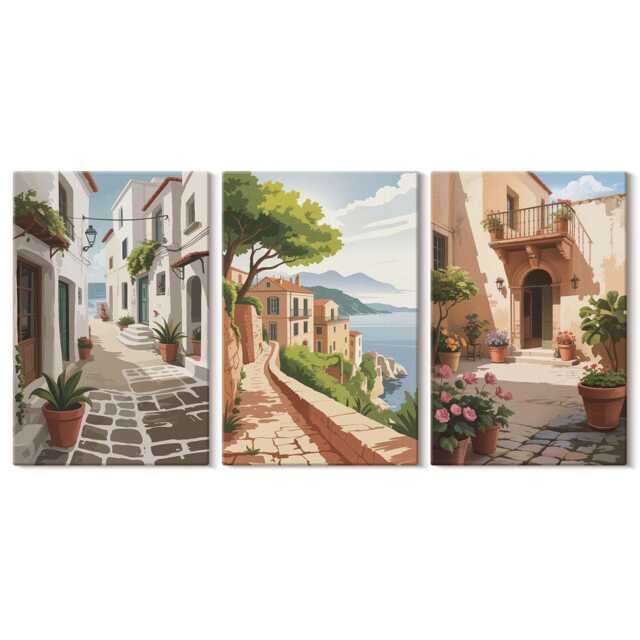 Set Of 3 Canvas Prints - Picturesque Streets With Houses & Potted Plants, Yellow Wall Art, Travels Decor - image 1