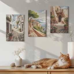 Set Of 3 Canvas Prints - Picturesque Streets With Houses & Potted Plants, Yellow Wall Art, Travels Decor - thumbnail 2