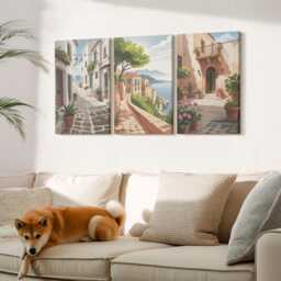 Set Of 3 Canvas Prints - Picturesque Streets With Houses & Potted Plants, Yellow Wall Art, Travels Decor - thumbnail 3