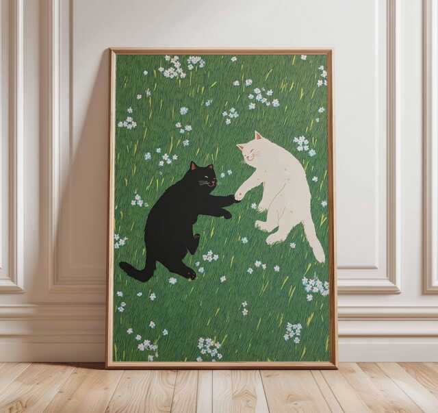 Black & White Cats Wall Art Print, Cute Cat Poster For Lovers, Playful Feline Artwork, Whimsical Animal Print Home Decor - image 1