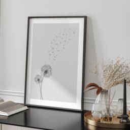 Dandelion Wind Botanical Wall Art Print Grey Minimalist Illustration Modern Nature Inspired Home Decor Gift For Bedroom Office Living Room - thumbnail 2