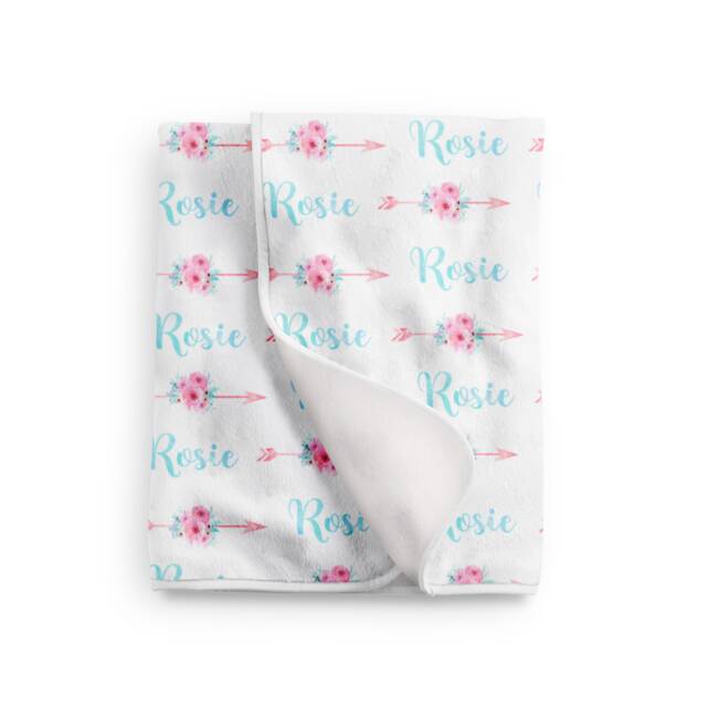 Personalized Aqua Pink Arrow Floral Girl Baby Blanket in Fleece, Minky. Receiving Swaddle Personalized Custom - image 1