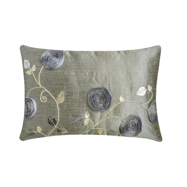 Decorative Oblong/Lumbar Rectangle Throw Pillow Covers Couch 12x16 Silver Silk Pillows Ribbon Embroidered Bedroom - Rose Garden - image 1