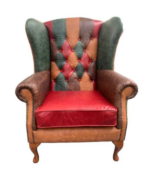 Jester Patchwork Italian Leather Queen Anne Fireside Chair, Handmade Wingback Armchair Uk, Colourful Statement Chair - image 1