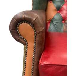 Jester Patchwork Italian Leather Queen Anne Fireside Chair, Handmade Wingback Armchair Uk, Colourful Statement Chair - thumbnail 4