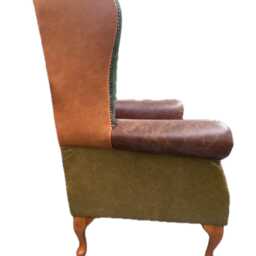 Jester Patchwork Italian Leather Queen Anne Fireside Chair, Handmade Wingback Armchair Uk, Colourful Statement Chair - thumbnail 2