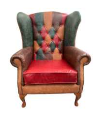 Jester Patchwork Italian Leather Queen Anne Fireside Chair, Handmade Wingback Armchair Uk, Colourful Statement Chair
