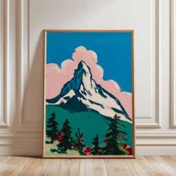 Blue Pink Mountain Poster - Modern Landscape Illustration Alpine Nature Wall Art - thumbnail 1