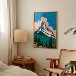 Blue Pink Mountain Poster - Modern Landscape Illustration Alpine Nature Wall Art - thumbnail 2
