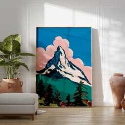 Blue Pink Mountain Poster - Modern Landscape Illustration Alpine Nature Wall Art - thumbnail 3