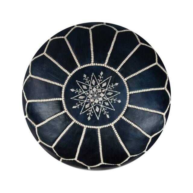 Moroccan Leather Pouffe - Handmade Delivered Stuffed Ottoman, Footstool, Floor Cushion, Leather Pouf - Dark Blue - image 1