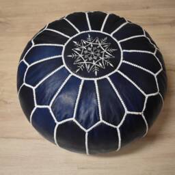 Moroccan Leather Pouffe - Handmade Delivered Stuffed Ottoman, Footstool, Floor Cushion, Leather Pouf - Dark Blue - thumbnail 3