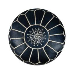 Moroccan Leather Pouffe - Handmade Delivered Stuffed Ottoman, Footstool, Floor Cushion, Leather Pouf - Dark Blue