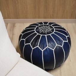 Moroccan Leather Pouffe - Handmade Delivered Stuffed Ottoman, Footstool, Floor Cushion, Leather Pouf - Dark Blue - thumbnail 2