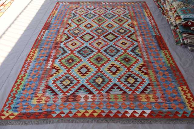 7x10 Blue Afghan Kilim Rug Diamond Shape Geometric Rug, Natural Dyes Wool Handmade Flatweave Bohemian Boho Carpet, Living Room - image 1