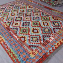 7x10 Blue Afghan Kilim Rug Diamond Shape Geometric Rug, Natural Dyes Wool Handmade Flatweave Bohemian Boho Carpet, Living Room - thumbnail 2