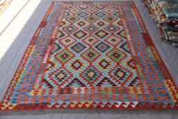 7x10 Blue Afghan Kilim Rug Diamond Shape Geometric Rug, Natural Dyes Wool Handmade Flatweave Bohemian Boho Carpet, Living Room - thumbnail 1