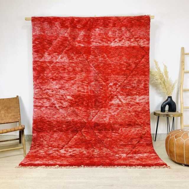 Large Red Moroccan Shag Rug With Textured Diamond Motifs - 8x10 Area Authentic Handmade Berber Wool Carpet - image 1