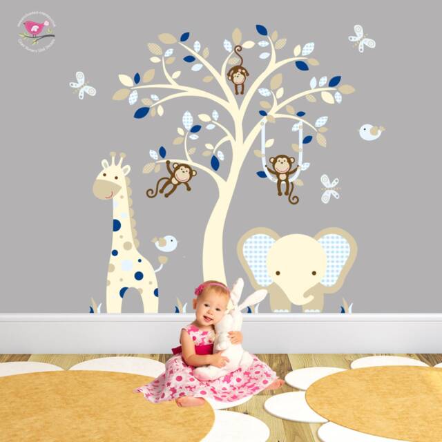 Elephant & Giraffe Nursery Wall Decal, Navy Blue Beige Decor, Cream Tree Mural. Baby Boy Stickers, Monkeys, Birds Butterfiles - image 1