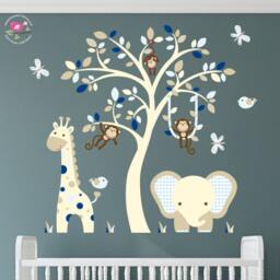 Elephant & Giraffe Nursery Wall Decal, Navy Blue Beige Decor, Cream Tree Mural. Baby Boy Stickers, Monkeys, Birds Butterfiles - thumbnail 2