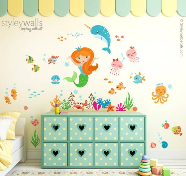 Mermaid Wall Decal, Under The Sea & Fishes Ocean Sticker, Life Girls Room Decal - image 1